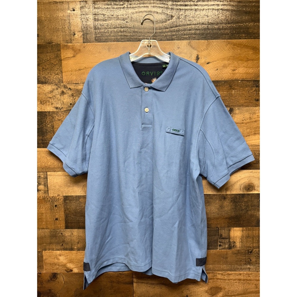Orvis Polo Shirt Men's XL Blue Fly Fishing Pique High Low Slit 2 Button Placket‎